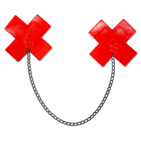 Chains: Faux Latex Pleather Vinyl Red Plus X Cross with Chunky Silver Chain Nipple Pasties